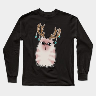 Angry Christmas Cat Reindeer Antlers Long Sleeve T-Shirt